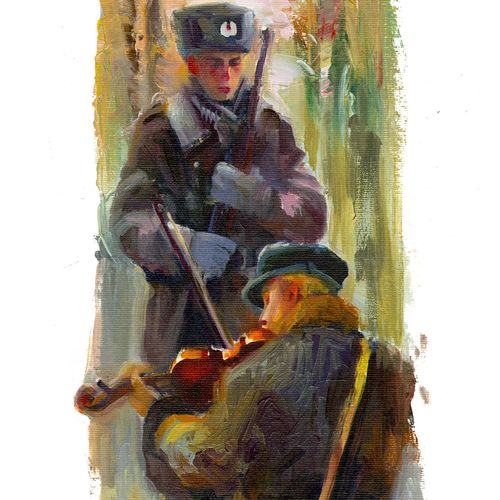 a soldier playing the violin for another soldier