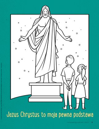 coloring page of two children looking at statue of Jesus