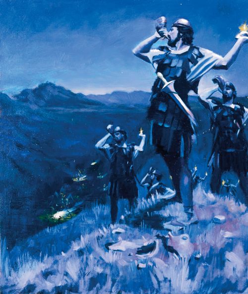 A painting by Daniel A. Lewis depicting Gideon’s army at nighttime walking up a hill, blowing horns and holding small lamps.