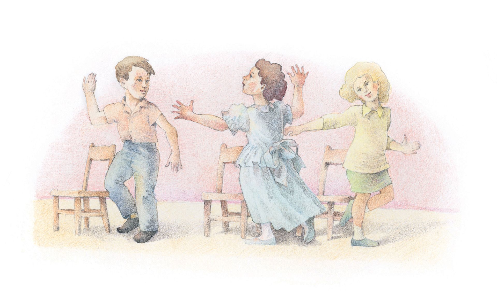 Three children standing next to their chairs while singing a song. From the Children’s Songbook, page 278, “Stand Up”; watercolor illustration by Richard Hull.