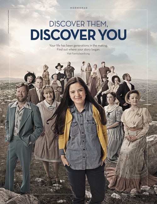 An image of a girl standing by people in historical clothing, combined with the words “Discover Them, Discover You.”