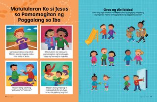 Aktibidad na nagpapakita ng mga batang naghahalinhinan sa slide, batang tumutulong sa pagdadala ng mga groseri, mga batang pinagtatawanan ang isa pang bata, batang sumisigaw sa isa pang bata, mga batang namimigay ng meryenda, batang nagbubukas ng pinto para sa isa pang bata