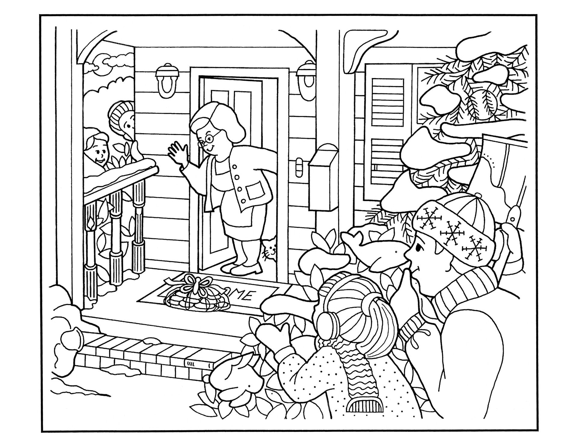 A coloring page of an elderly woman finding cookies on her porch.
