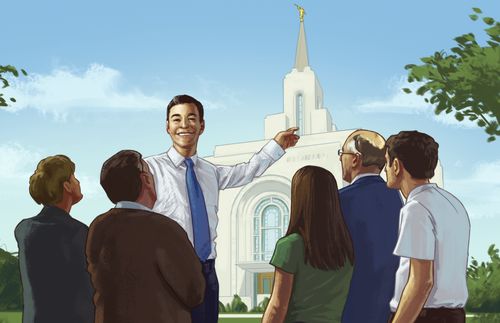 illustration of young man pointing at temple and teaching others about it