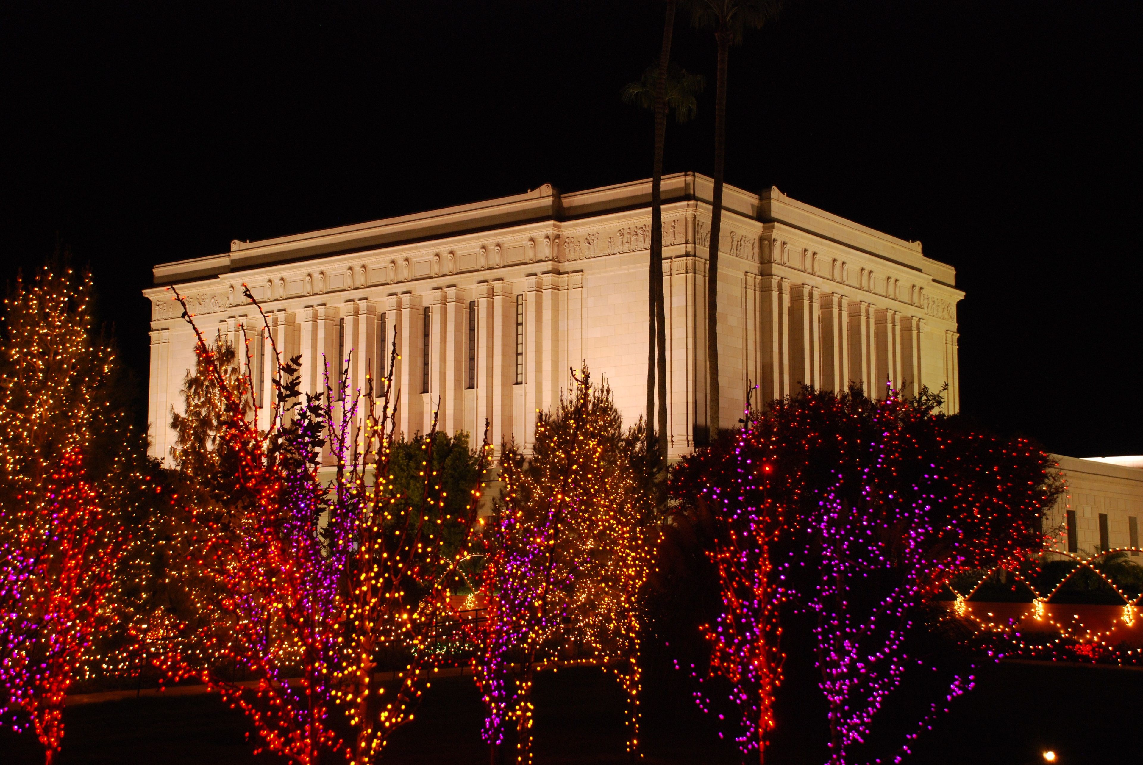 The Mesa Arizona Temple during Christmas, including the exterior of the temple.
