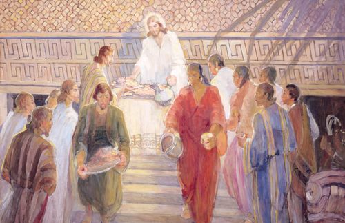 Jesus Christ administers the sacrament to the Nephites