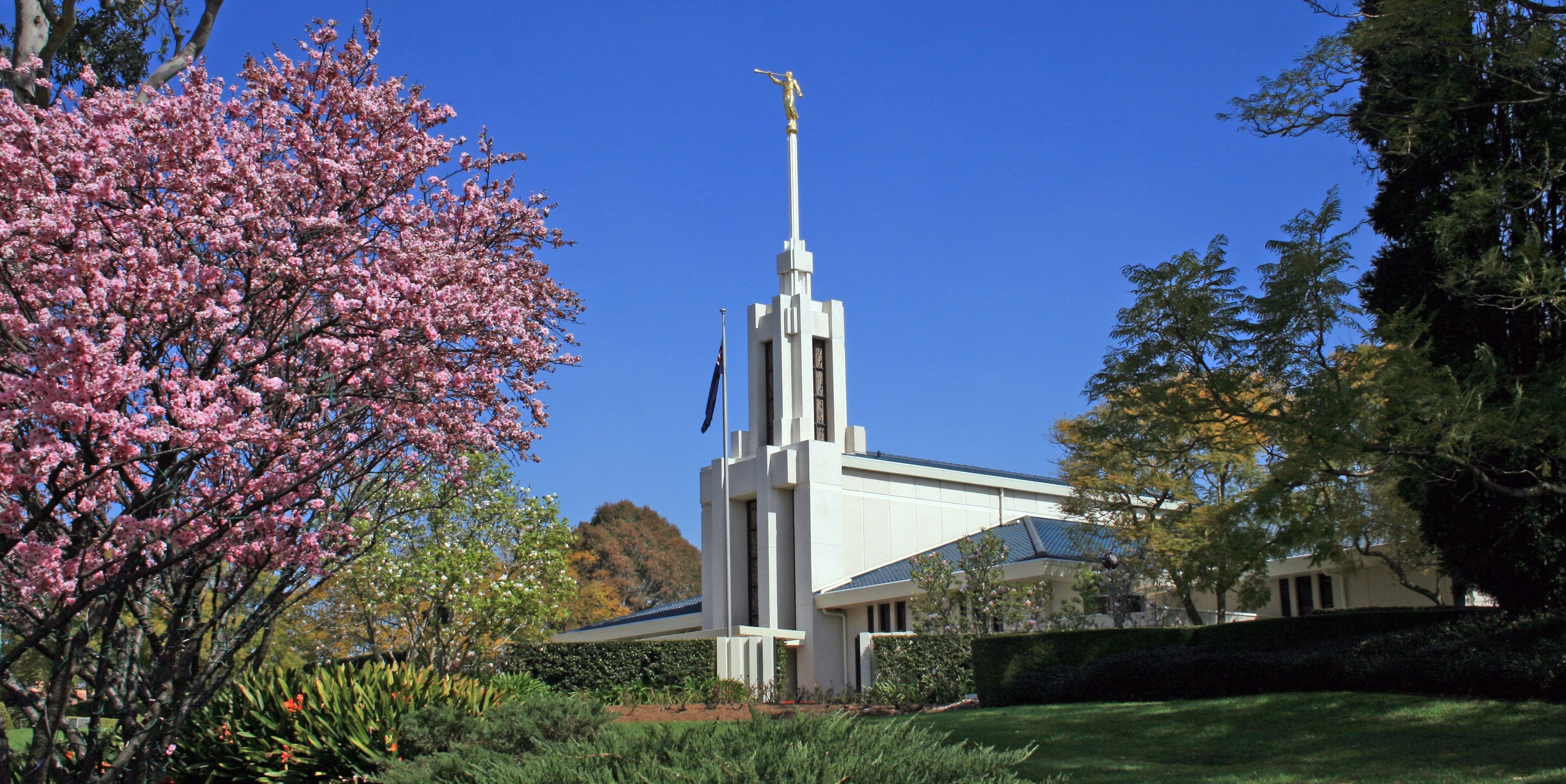 The Sydney Australia Temple, including the scenery and entrance.
