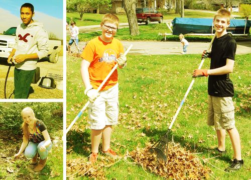 young people raking leaves