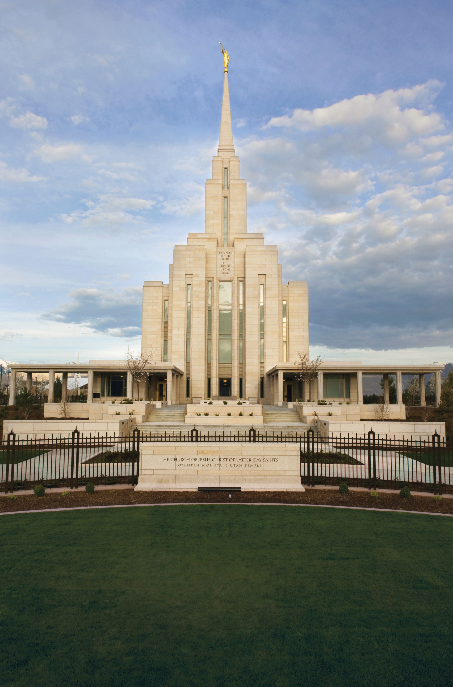 The Oquirrh Mountain Utah Temple, including name sign and entrance.
