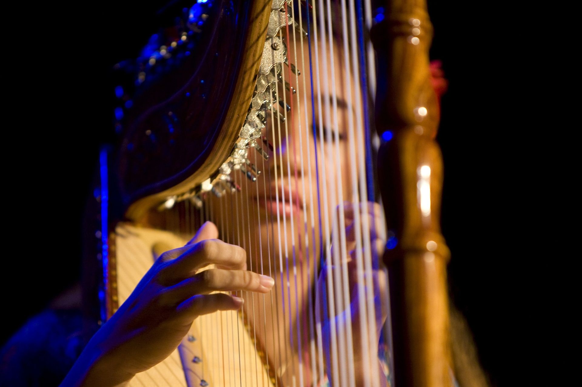 A young woman plays the harp during a performance.