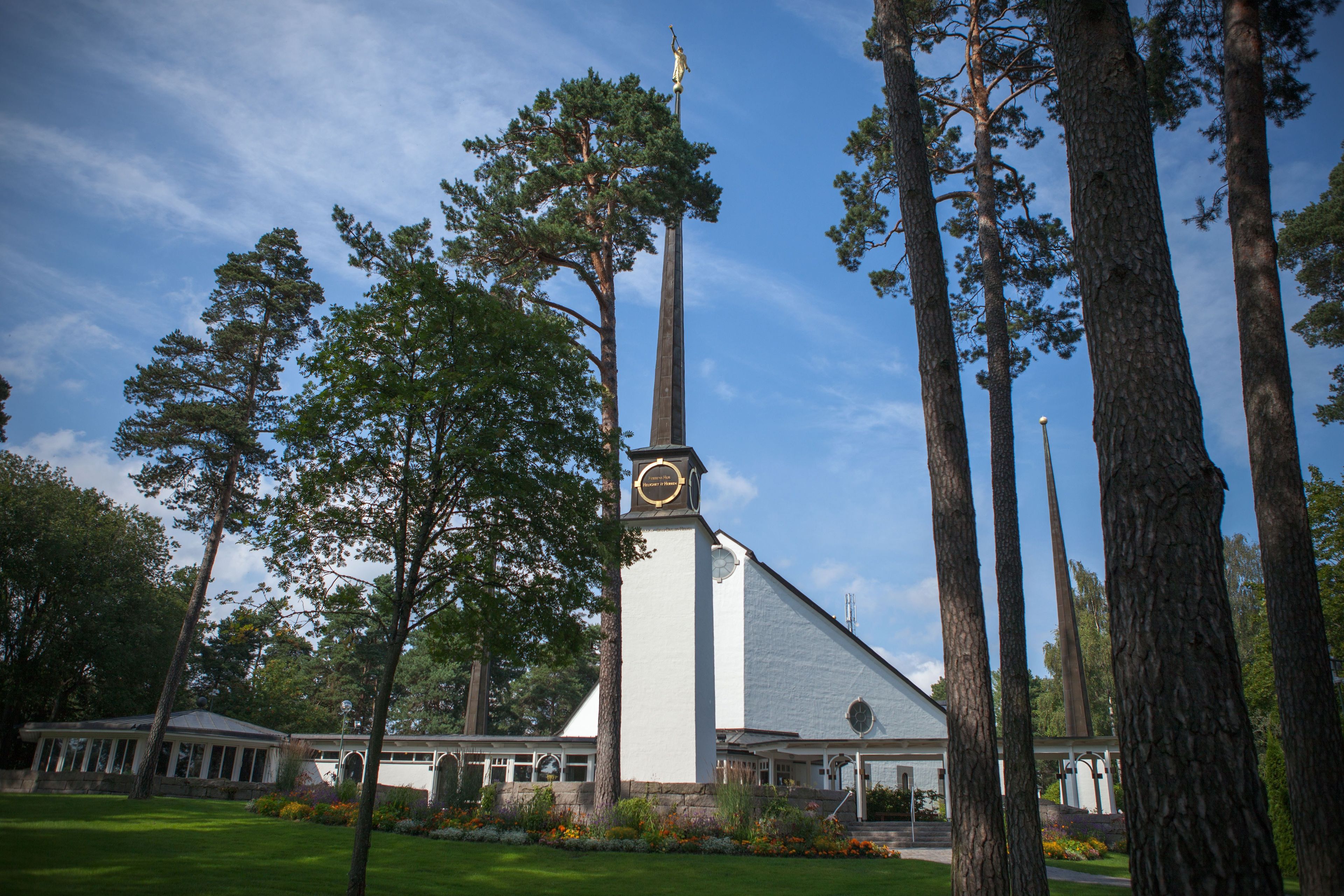 The Stockholm Sweden Temple, including the entrance and scenery.