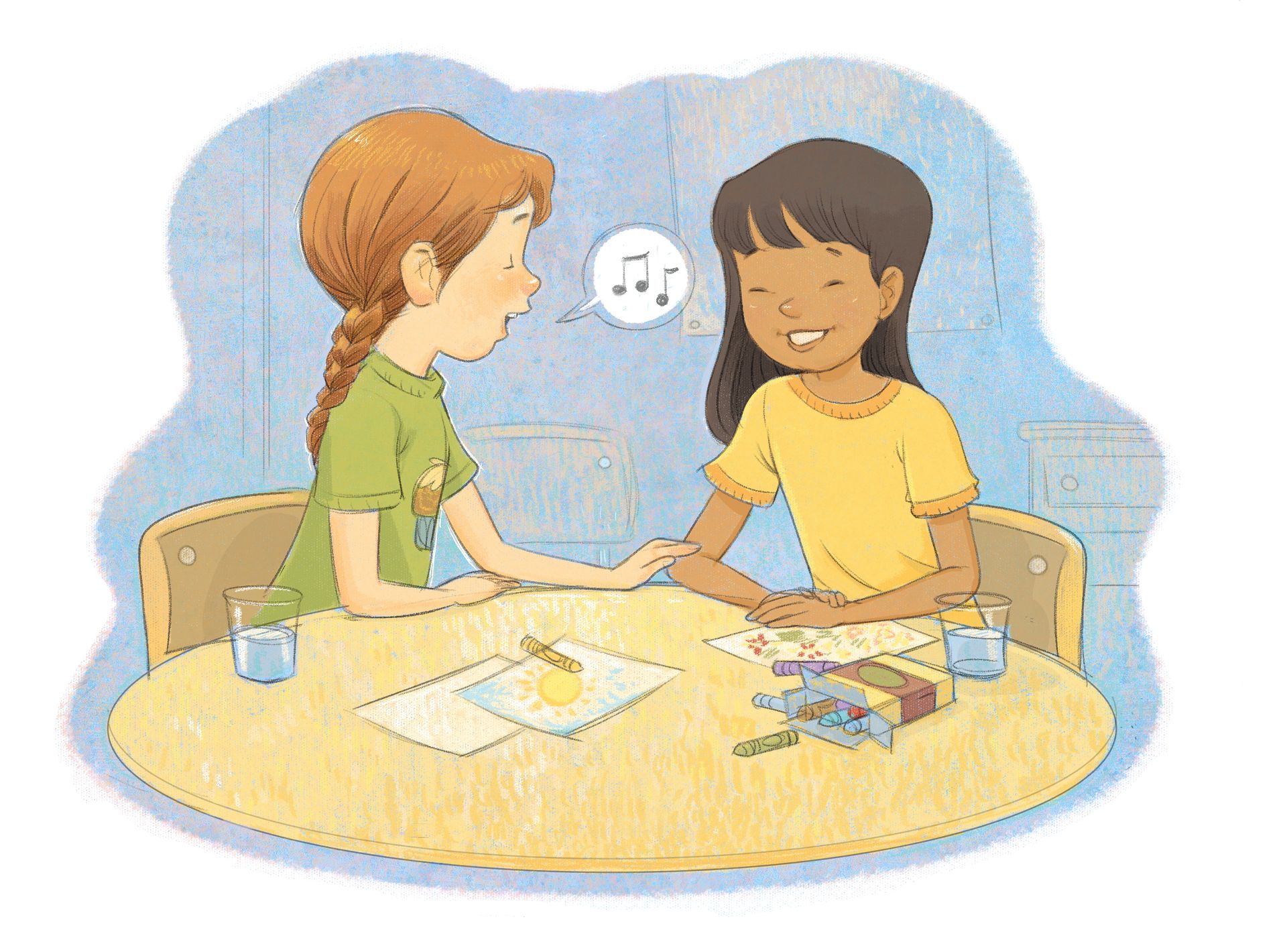 A girl sings to her friend while they sit at a table together.
