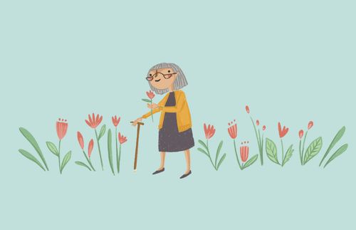 elderly woman with cane standing among flowers