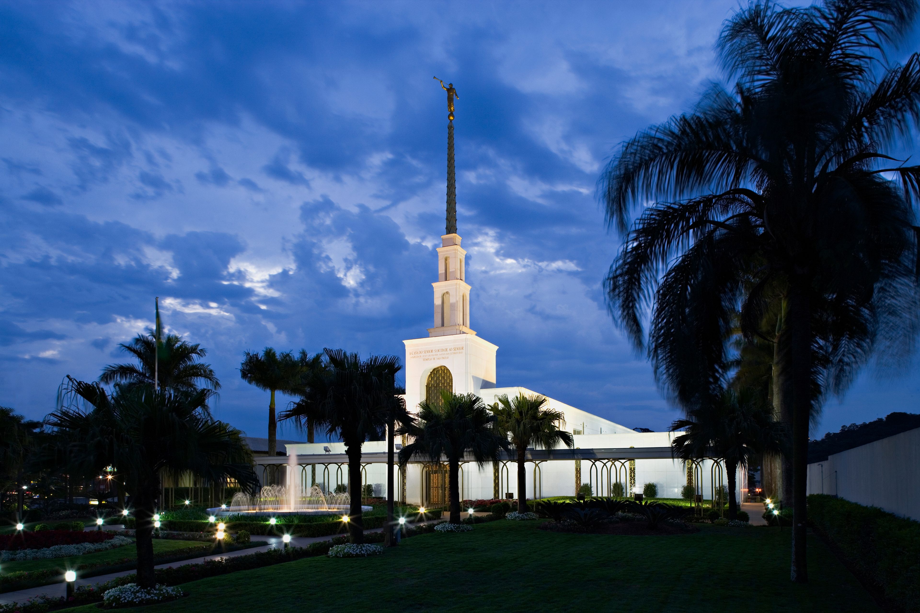 The São Paulo Brazil Temple in the evening, including the entrance and scenery.  