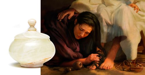 ointment containter plus Mary washing Jesus’s feet