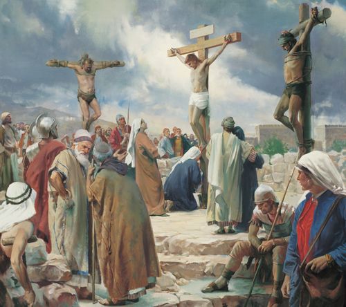 Jesus Christ hanging on the cross between two thieves while groups of onlookers, including Roman soldiers, stand nearby.