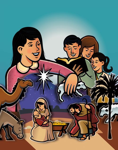 An illustration of a girl placing a sheep in a Nativity scene, with her father, mother, and sister reading the Nativity story from the Bible.