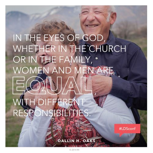 An image of a couple laughing together, paired with a quote by Elder Dallin H. Oaks: “In the eyes of God, … women and men are equal.”