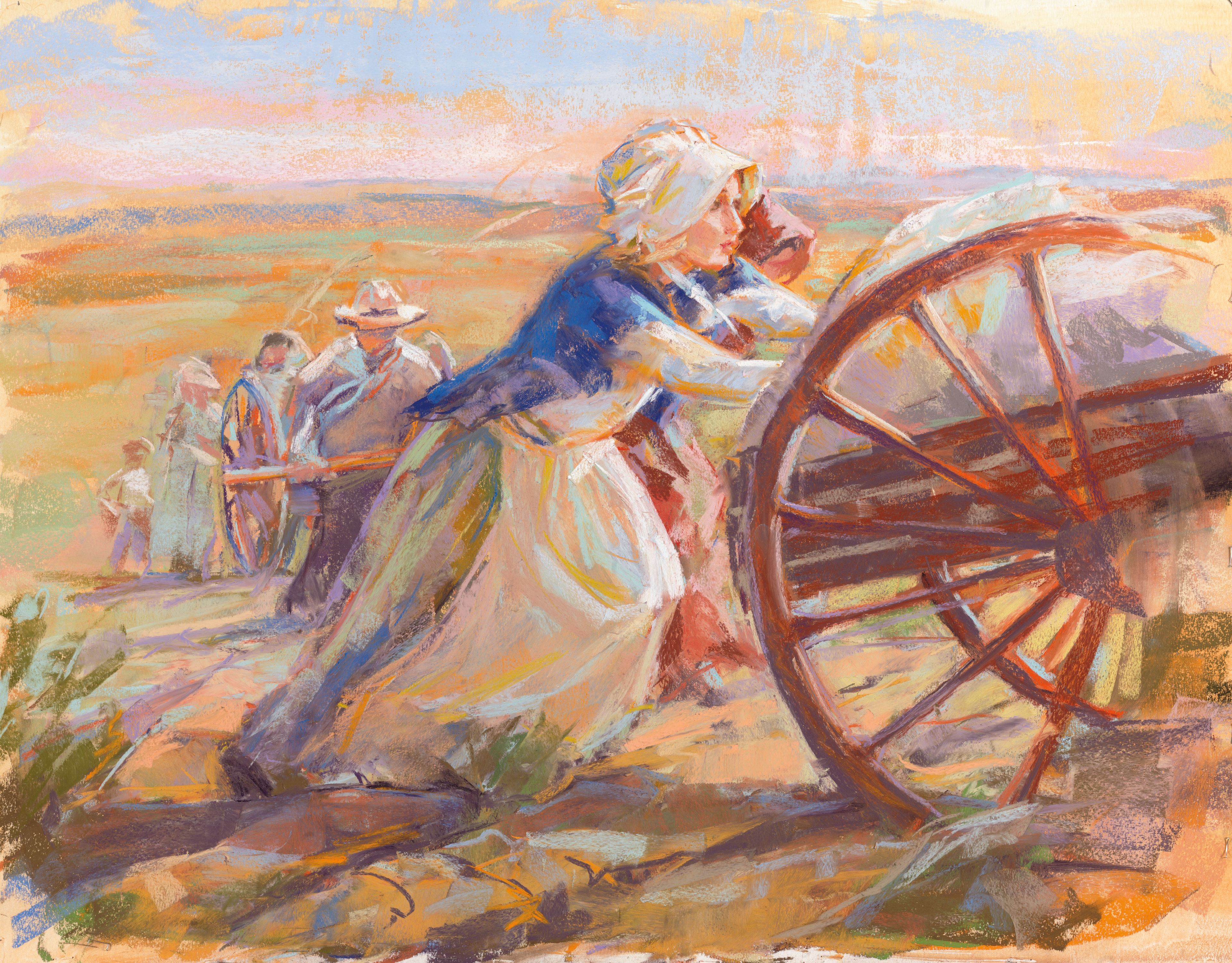 A depiction of pioneer women pushing a handcart, by Julie Rogers.