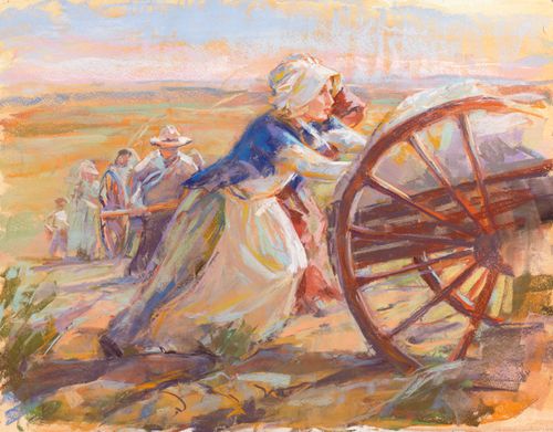 A painting by Julie Rogers of two women in bonnets and dresses pushing the back of a handcart wagon up a hill with others pulling handcarts behind them.