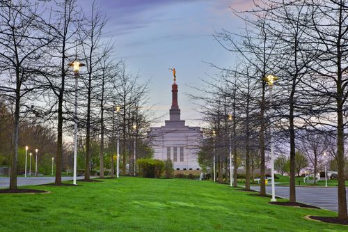 A row of trees and street lights leading up toward the Palmyra New York Temple, seen in the distance at dusk.