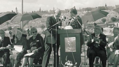 Elder Howard W. Hunter with Mayor Teddy Kollek