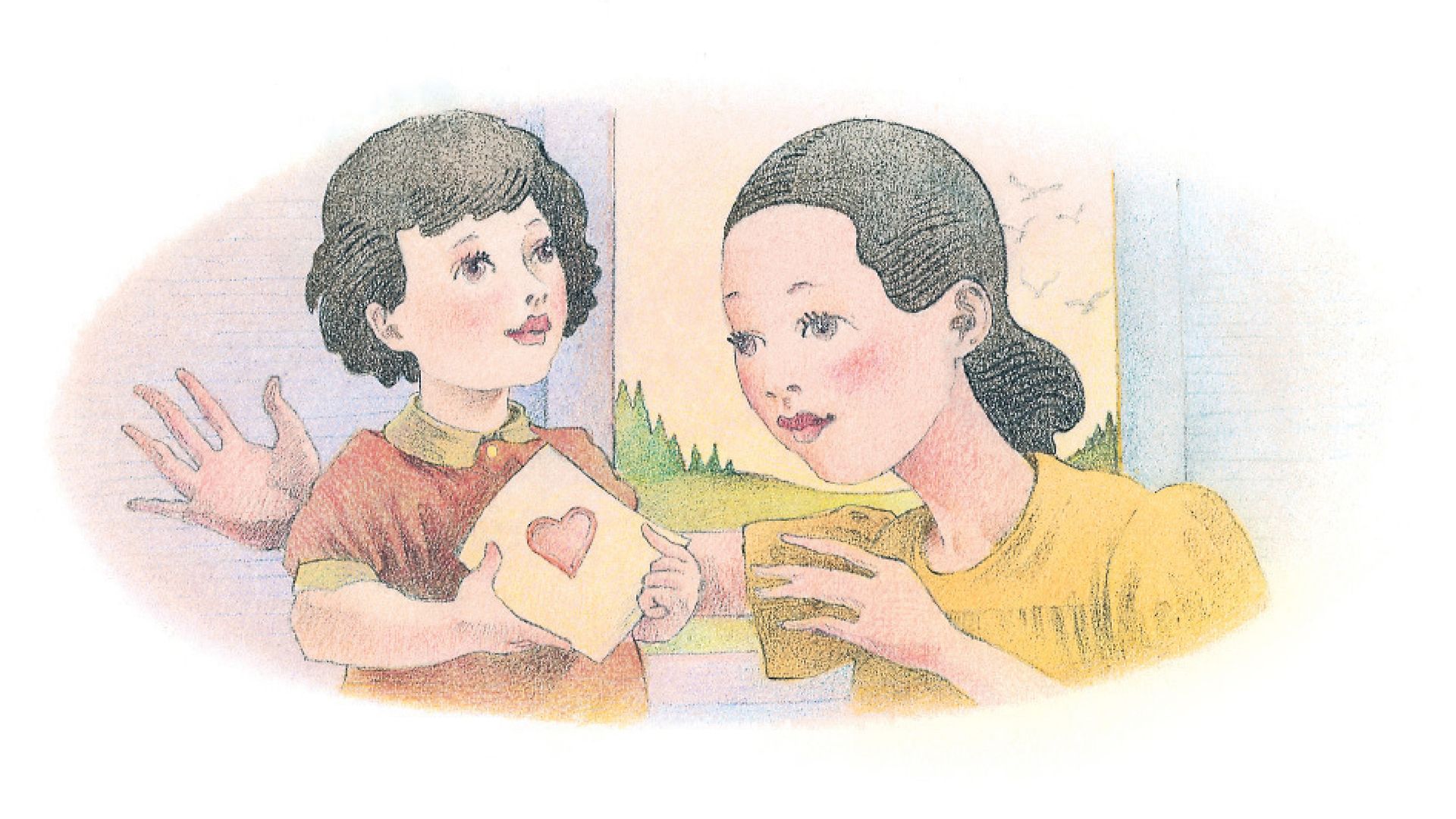 A small girl gives a Mother’s Day card to her mother. From the Children’s Songbook, page 208, “The Dearest Names”; watercolor illustration by Richard Hull.
