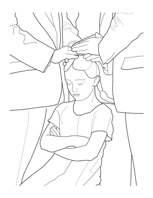 An illustration of a little girl with braids getting a priesthood blessing with two men’s hands on her head.