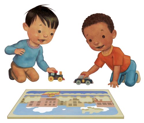 An illustration of two boys kneeling down, playing with a toy car and train while looking at a puzzle on the floor.
