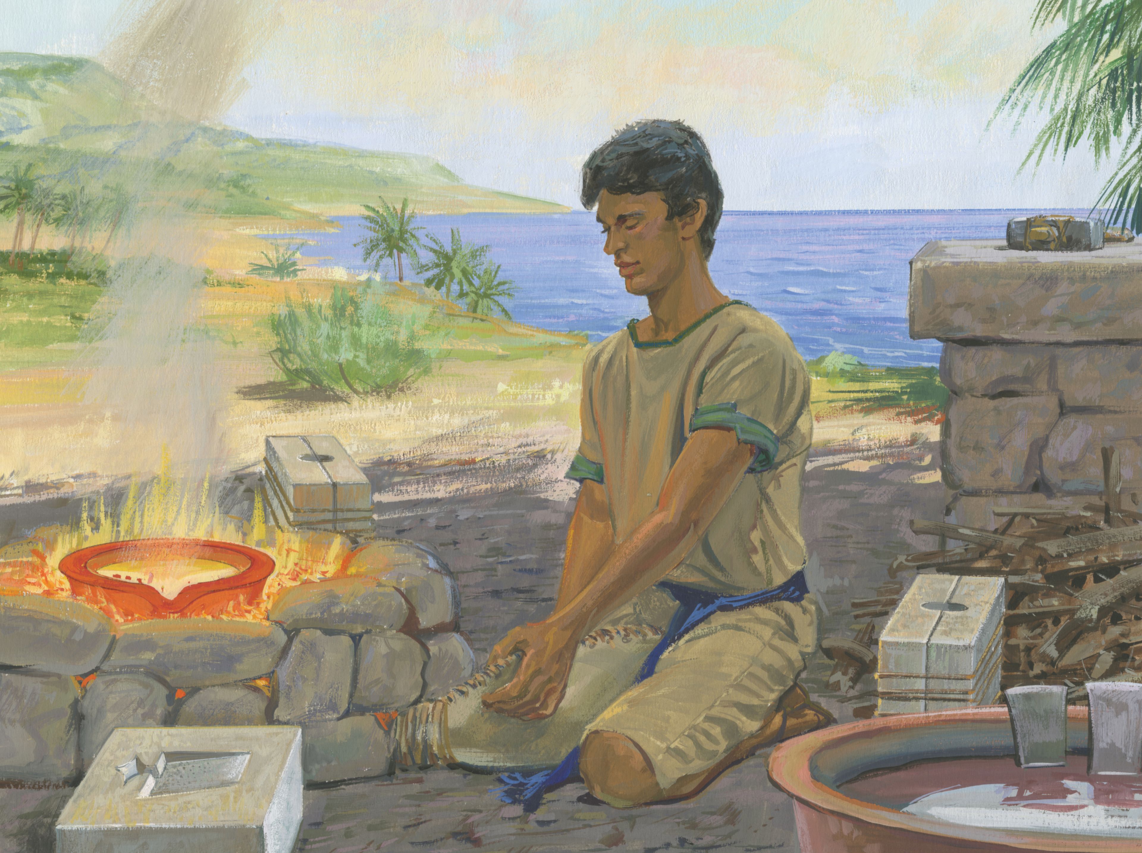 A painting by Jerry Thompson depicting Nephi melting ore to make tools; Primary manual 4-17