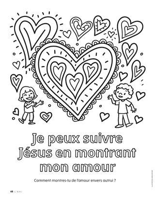 Page à colorier représentant des enfants et de grands cœurs