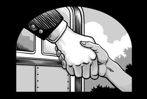 man’s hand reaching out bus window to grasp woman’s hand