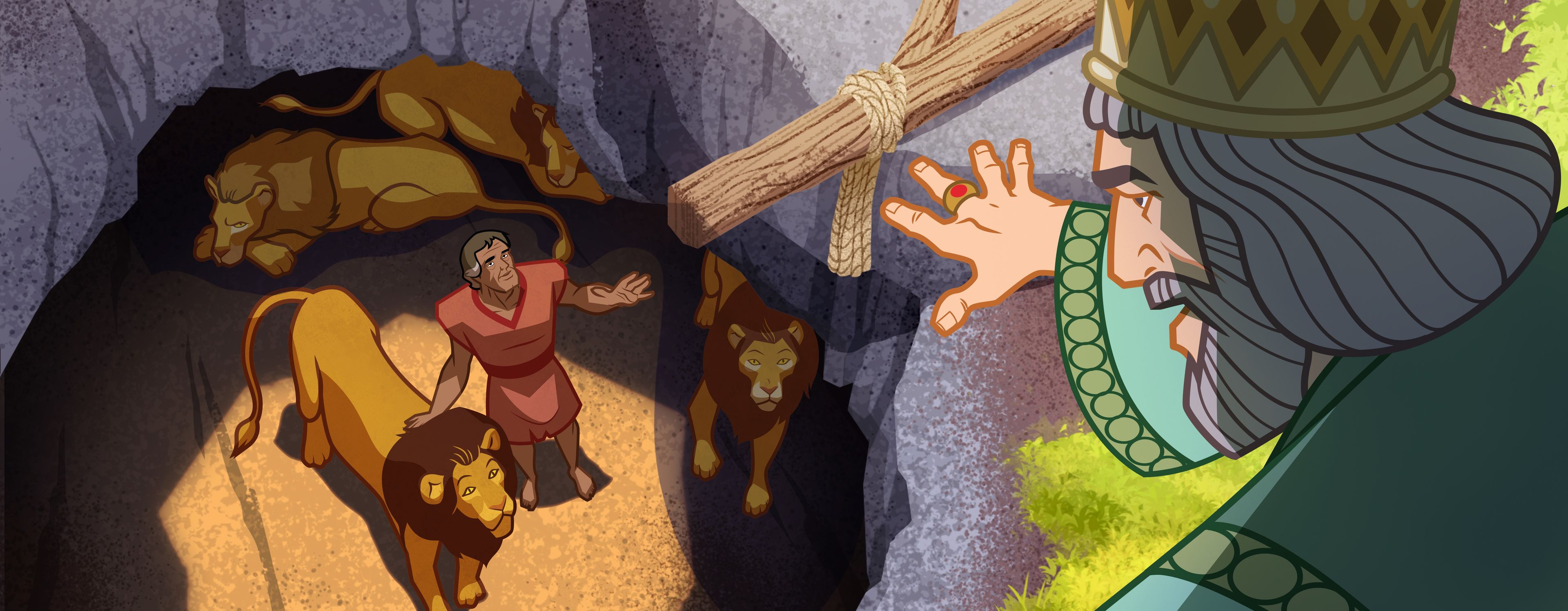 Ilustración del rey mirando a Daniel en el foso de los leones. 
Daniel 6:19–23
