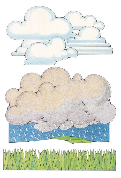 Primary cutouts of white clouds, rain falling from gray clouds, and grass in different shades of green.