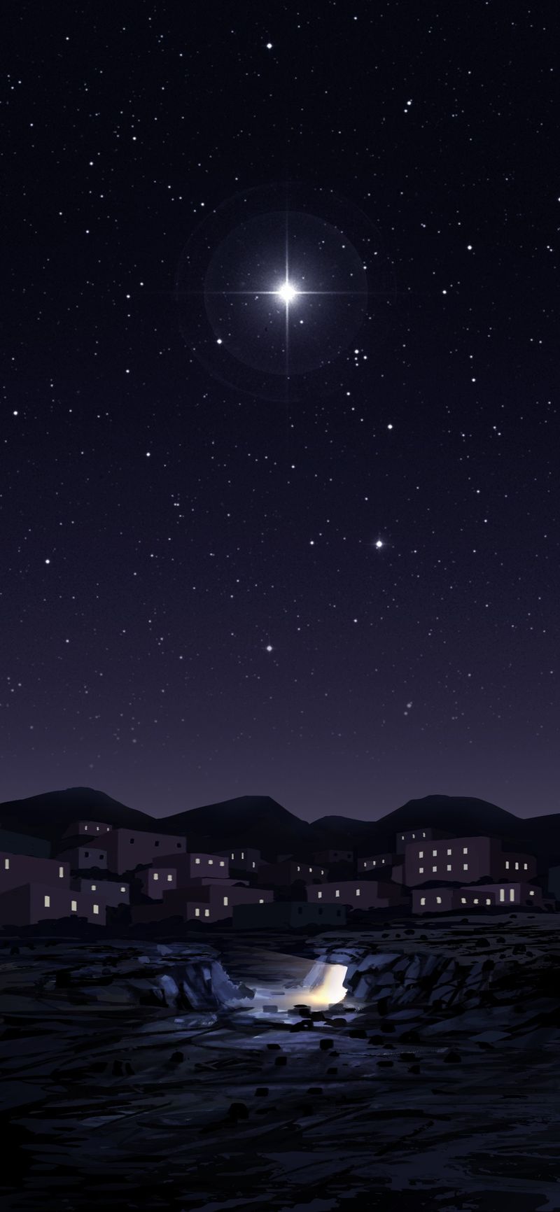 A bright star shines over a stable in Bethlehem.