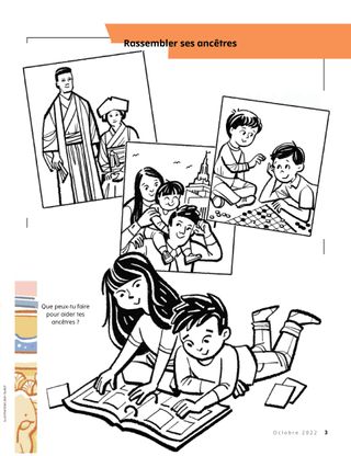 coloring page of children looking at family photos