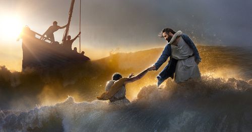 Jesus pulling Peter out of the stormy water