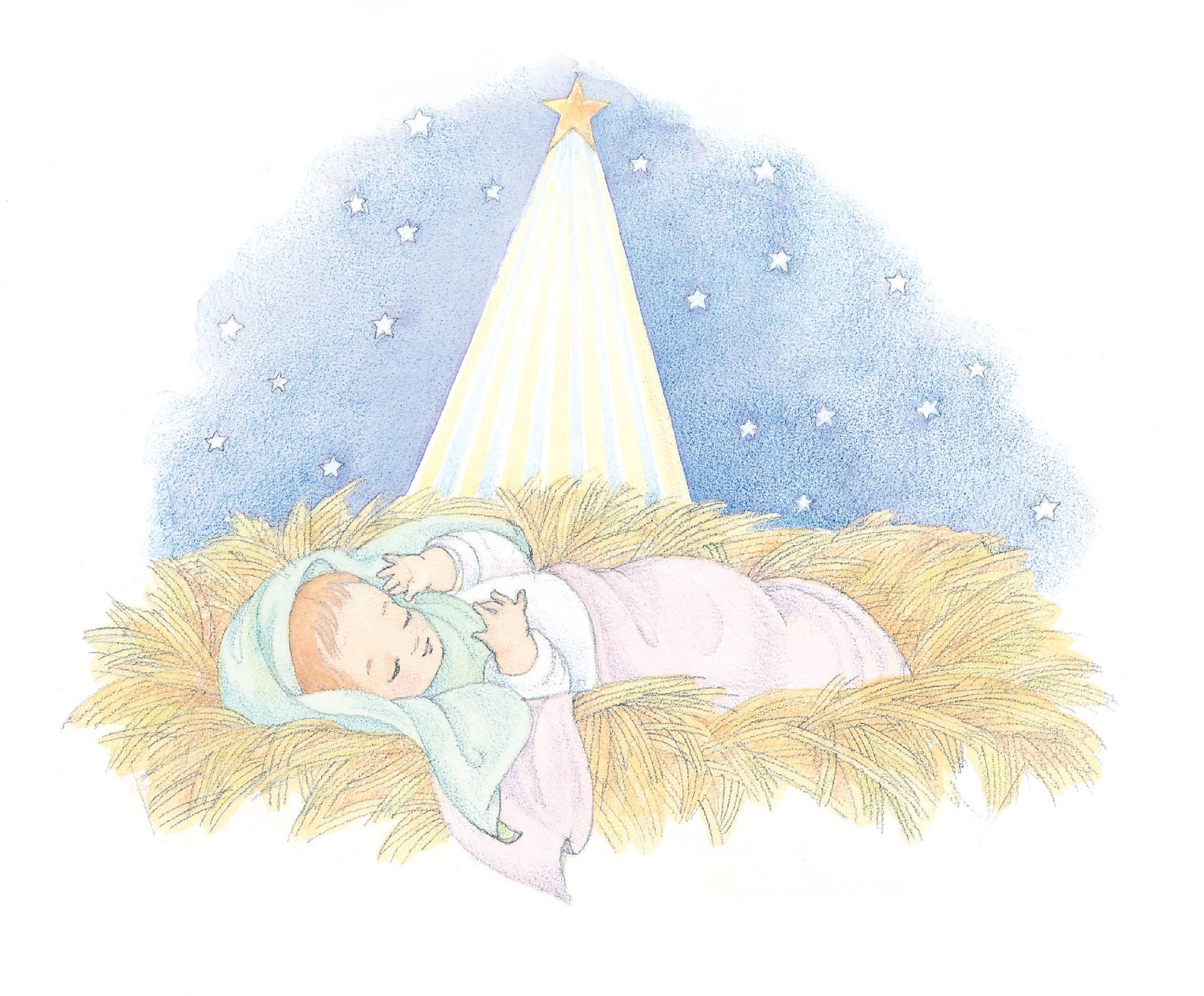 The baby Jesus asleep in a manger. From the Children’s Songbook, page 42, “Away in a Manger”; watercolor illustration by Phyllis Luch.