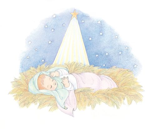A watercolor illustration of the baby Jesus lying in a manger with the Christmas star shining overhead.