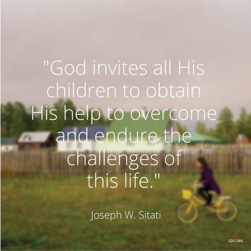 An image of a girl riding a bicycle, combined with a quote by Elder Joseph W. Sitati: “God invites all His children to obtain His help.”