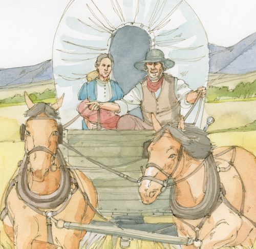 Saints driving covered wagon