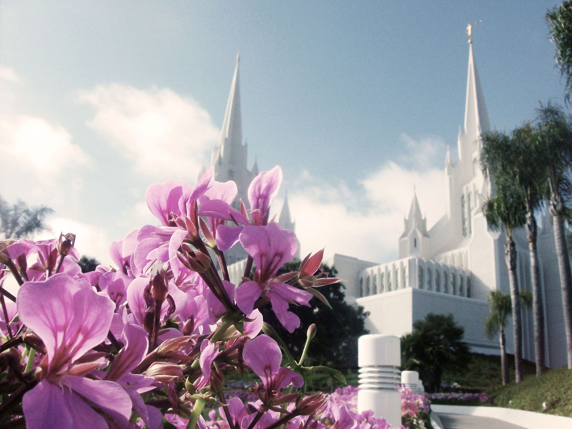 The San Diego California Temple, including the spires and scenery.