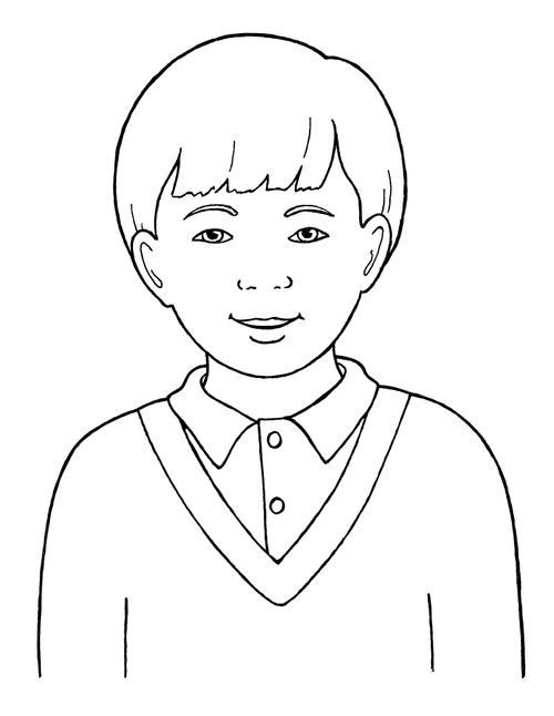 A black-and-white illustration of a young Primary-age boy with short hair wearing a V-neck sweater and a collared shirt.