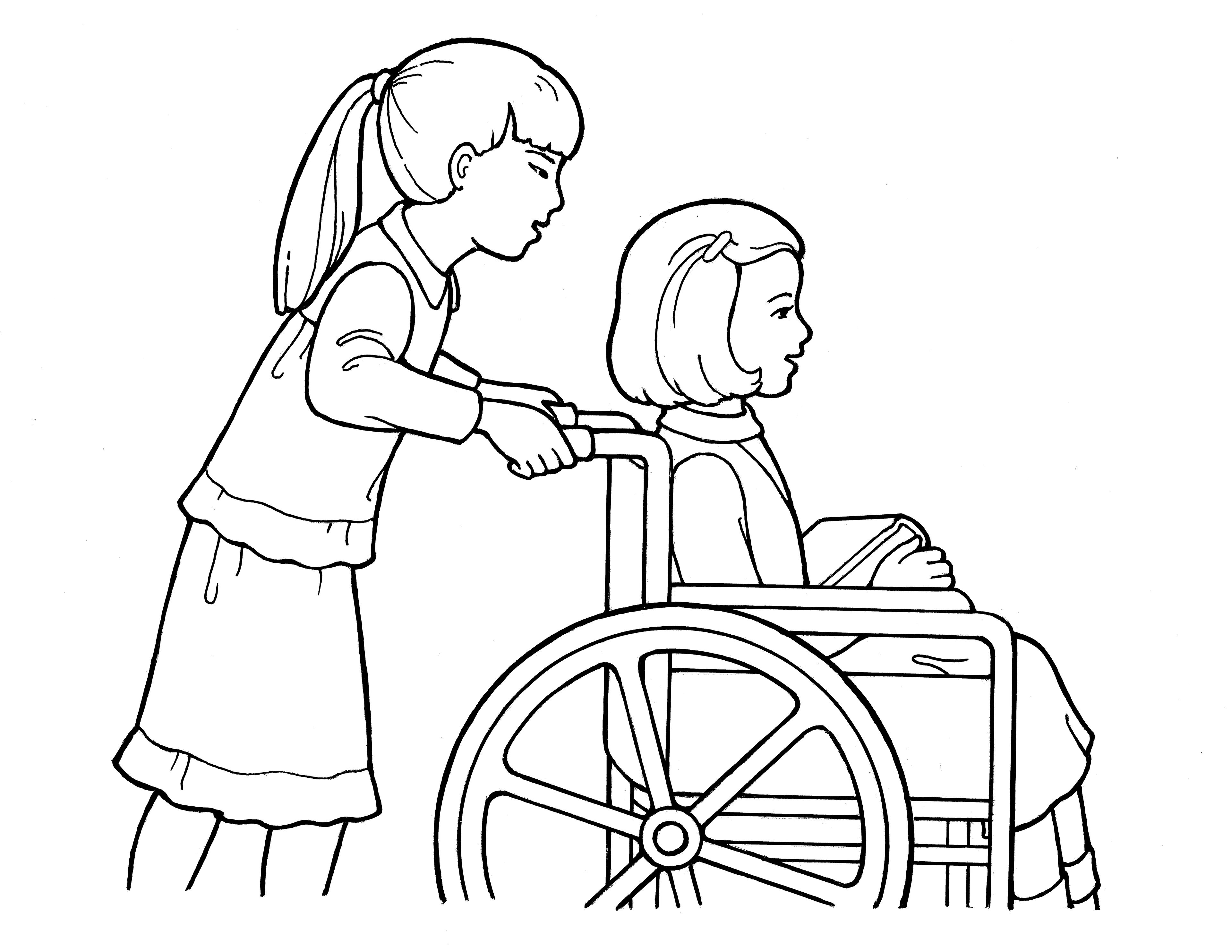 A line drawing of a Primary girl pushing another girl in a wheelchair.