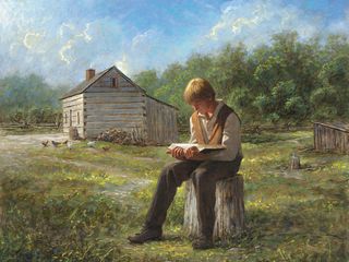 young Joseph Smith reading the scriptures outside his home