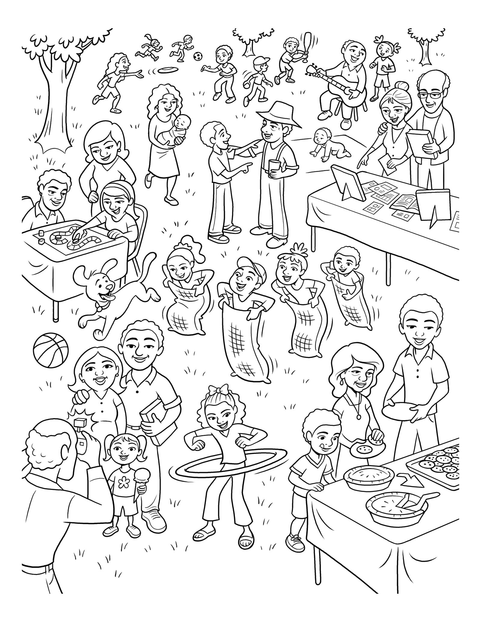 A large extended family gathers together for games and a barbeque.