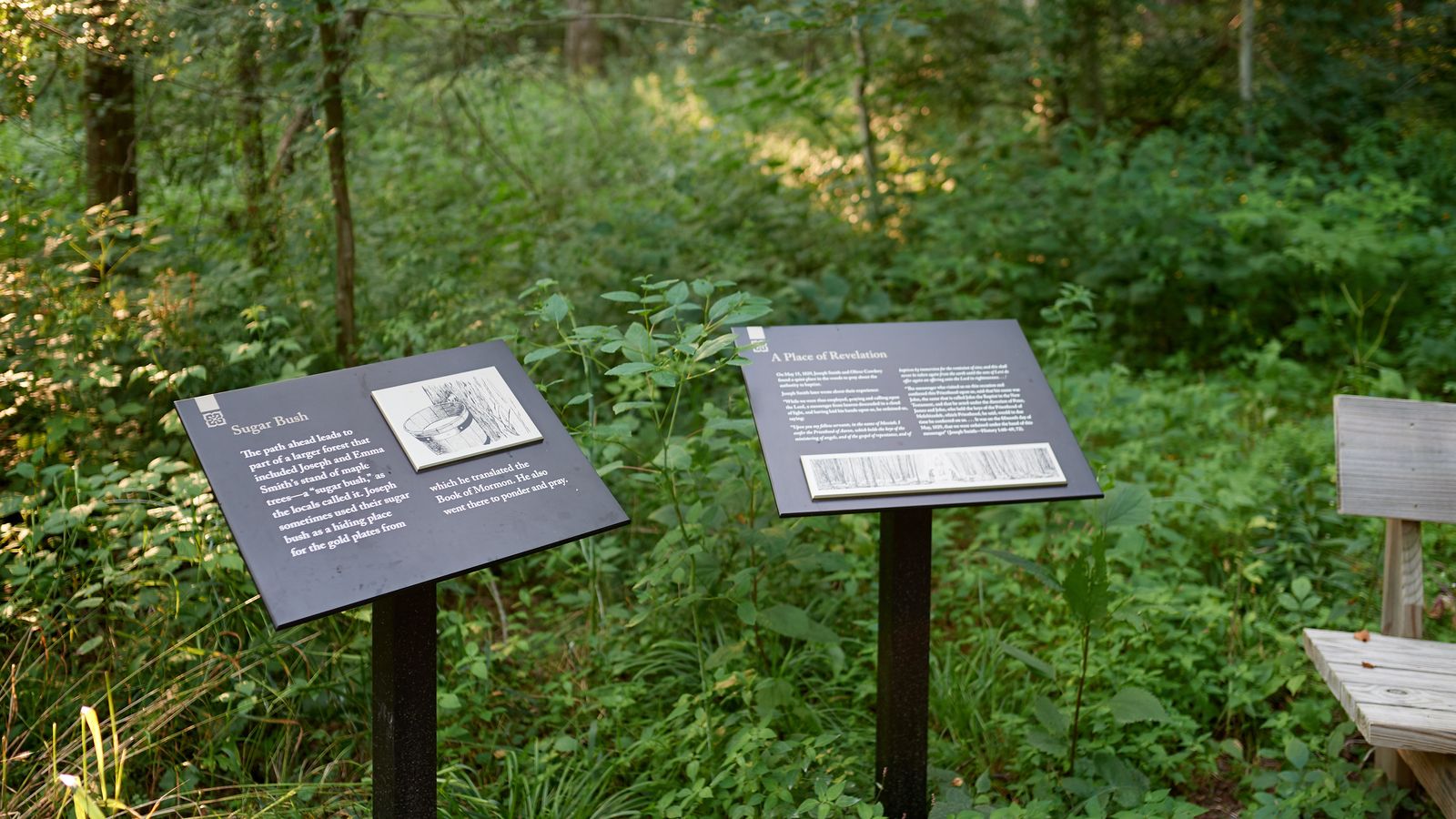 Various plaques are in the woods at the Priesthood Restoration Site near Susquehanna Depot, Pennsylvania.
The plaques say, ' Sugar bush,' 'A Place of Revelation.'