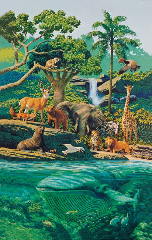 A painting by Stanley Galli showing various animals in the land and the sea, including a whale, an elephant, and a giraffe.