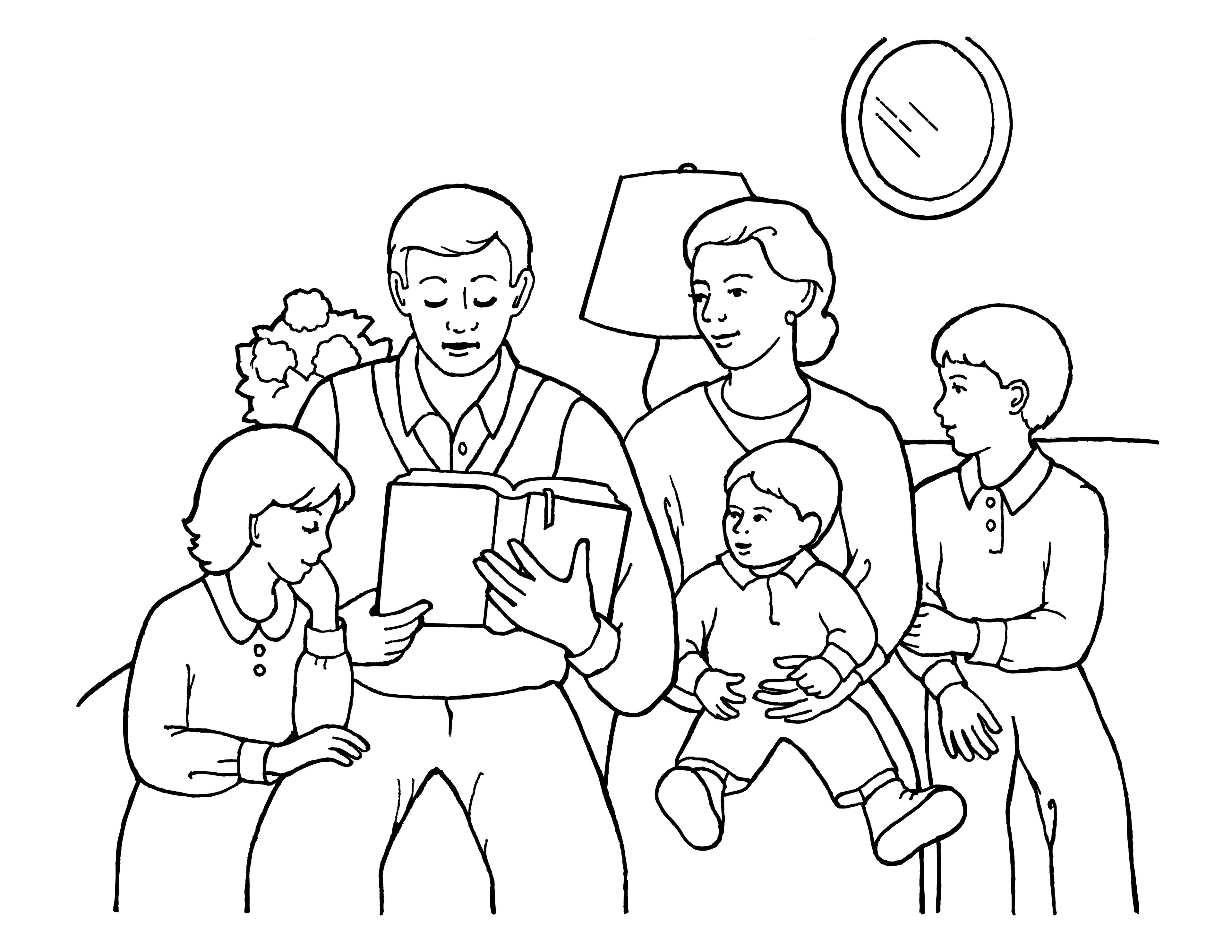 An illustration of a family reading the scriptures together during family home evening.