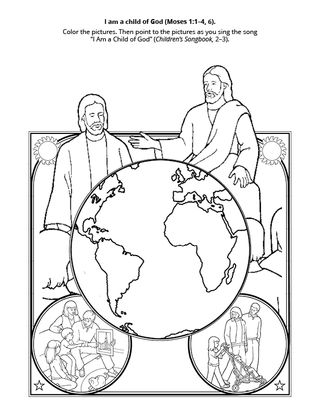 Coloring page for the 2022 Come, Follow Me for Primary. I am a child of God (Moses 1:1–4, 6).